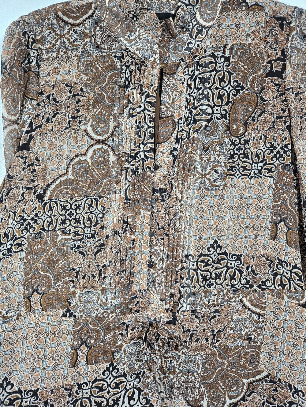 House Of Harlow 1960 Brown Tan Boho Paisley Sparkle Chiffon Peplum Dress Size 10 - Picture 8 of 16